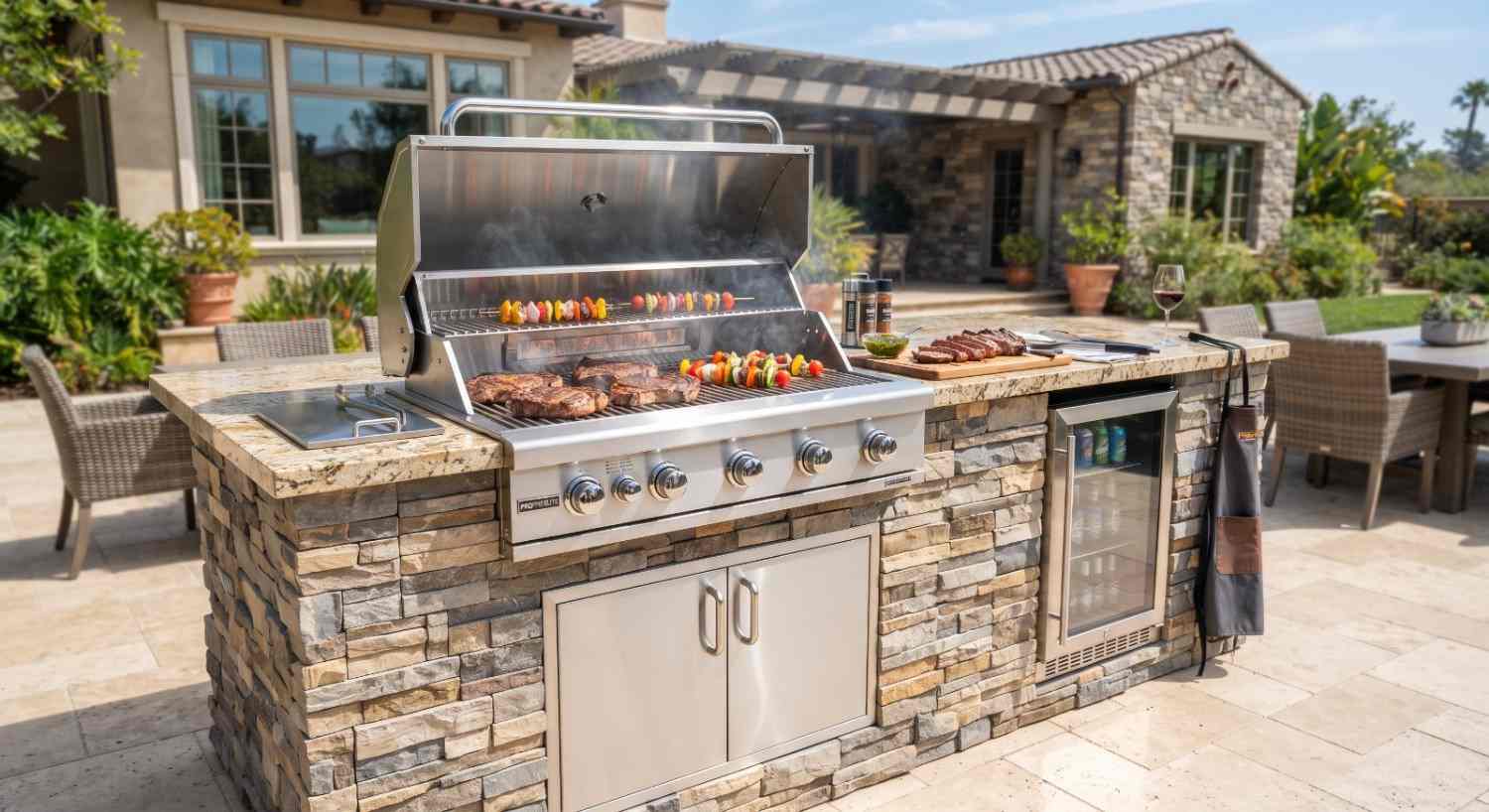 Outdoor kitchen island under construction with the grill cut-out formed in the frame