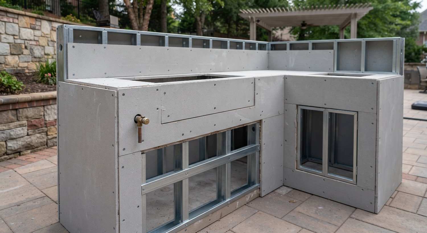 Outdoor kitchen frame with the cladding partly removed showing the structure underneath