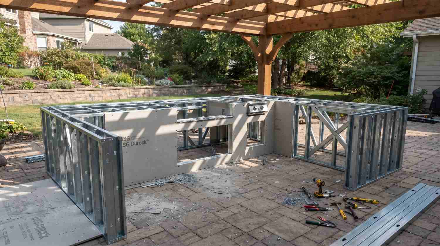 Steel stud frame for an outdoor kitchen before the veneer goes on