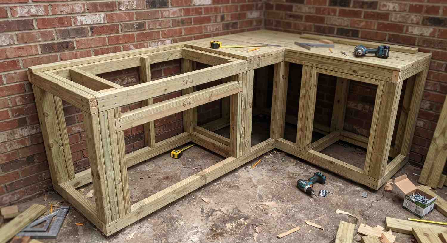 Timber framed outdoor kitchen carcass, the material that fails fastest outdoors