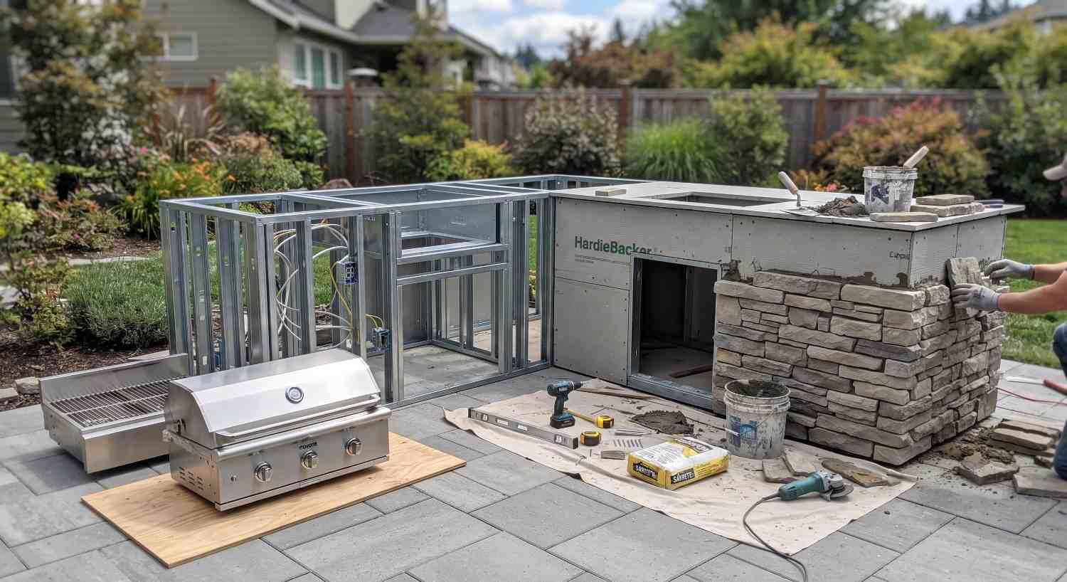 Finished built-in outdoor kitchen with stone veneer and a full run of counter