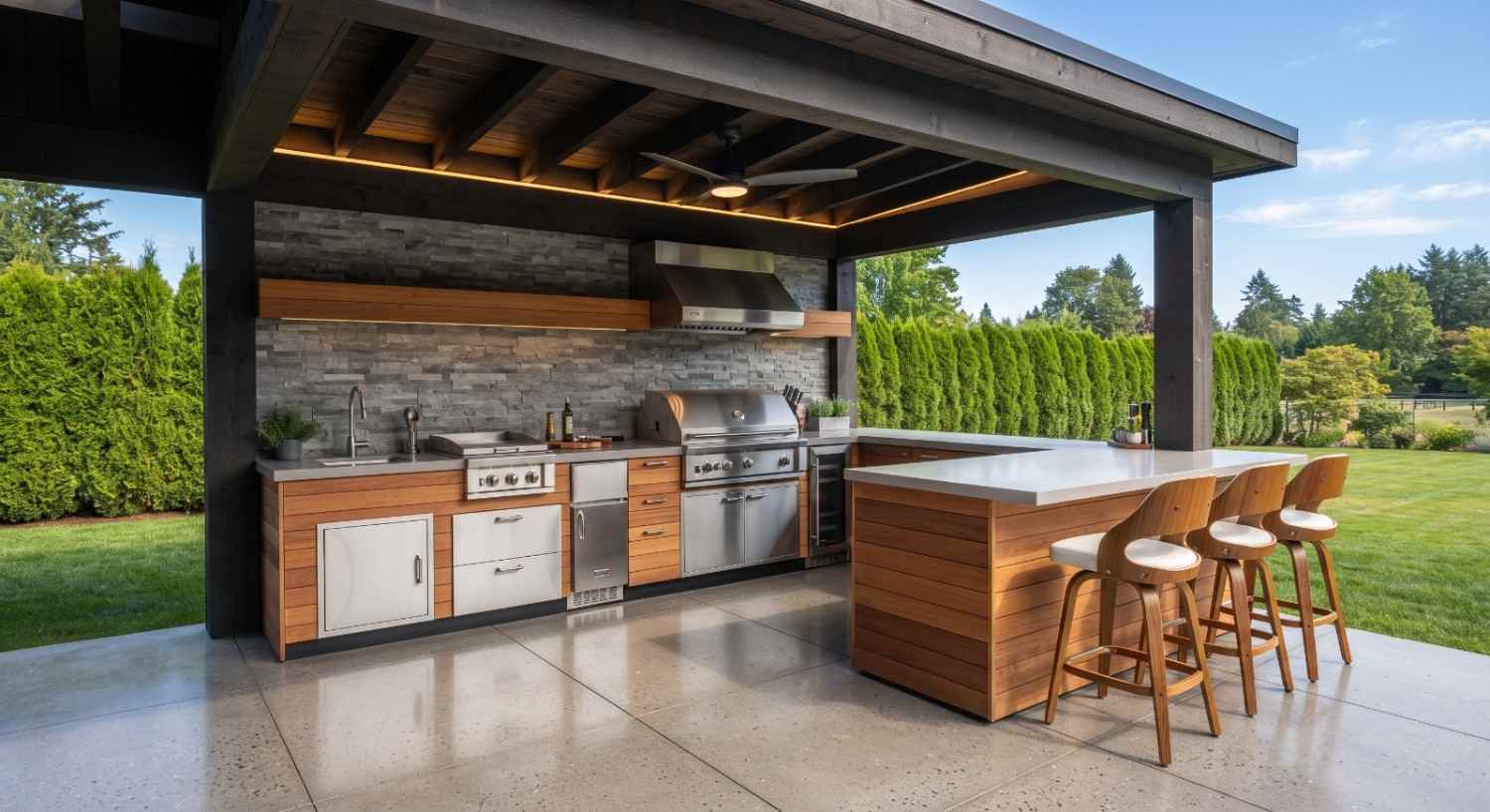 Outdoor kitchen laid out along a patio with the cook line and seating in view