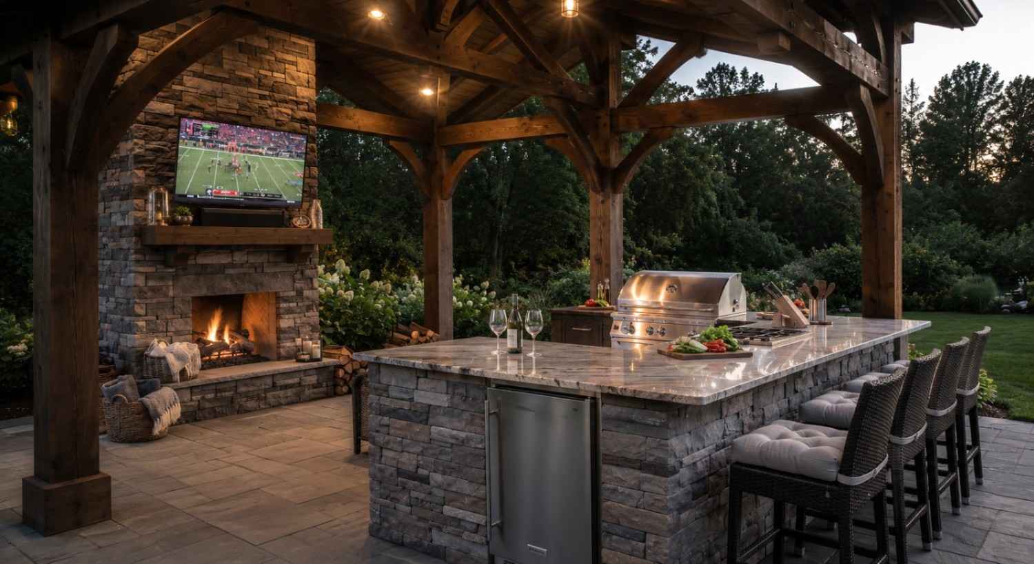 Finished outdoor kitchen run, indistinguishable whether the frame was modular or built on site