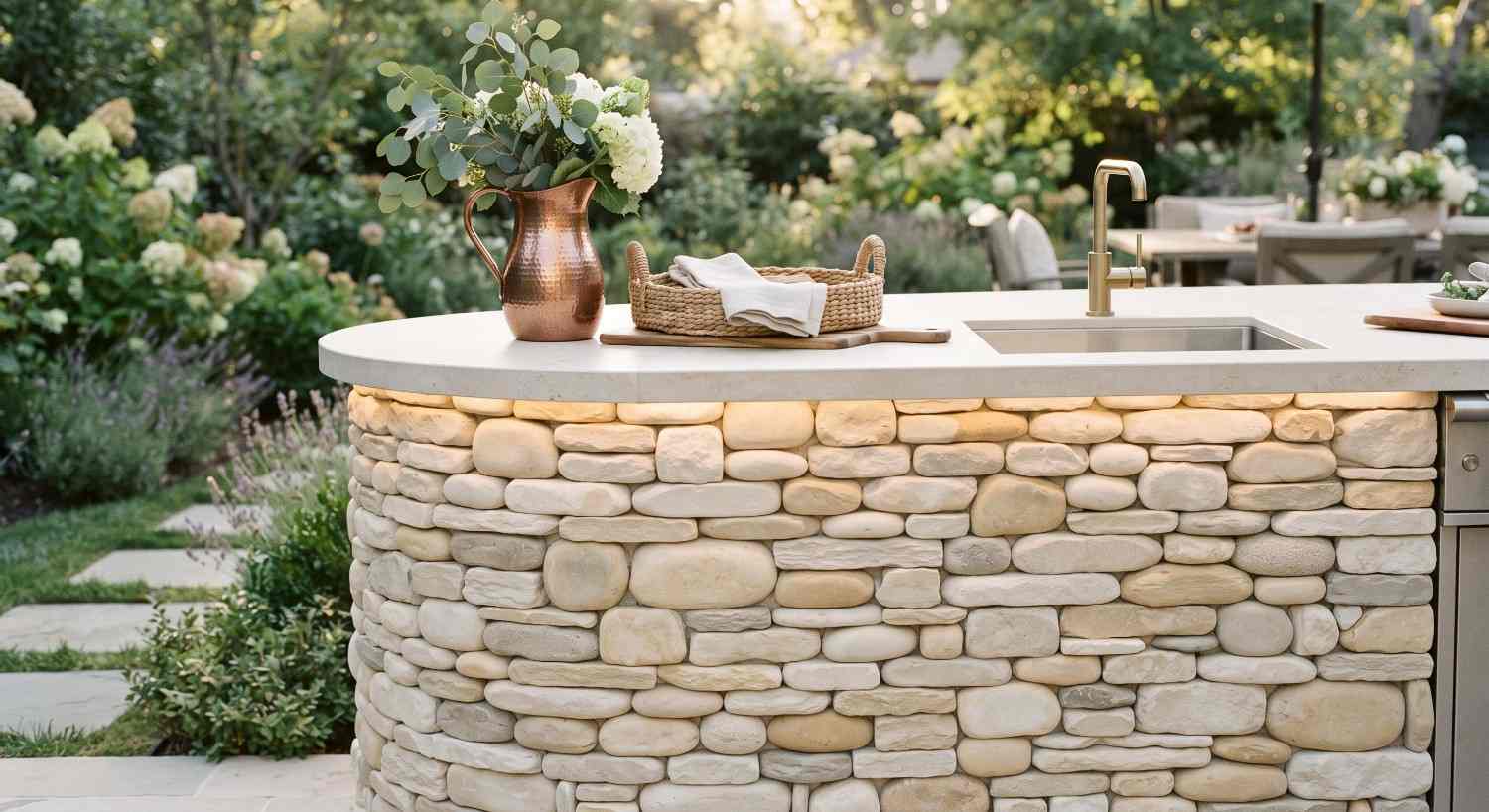 Stone veneer and counter finish on a built outdoor kitchen