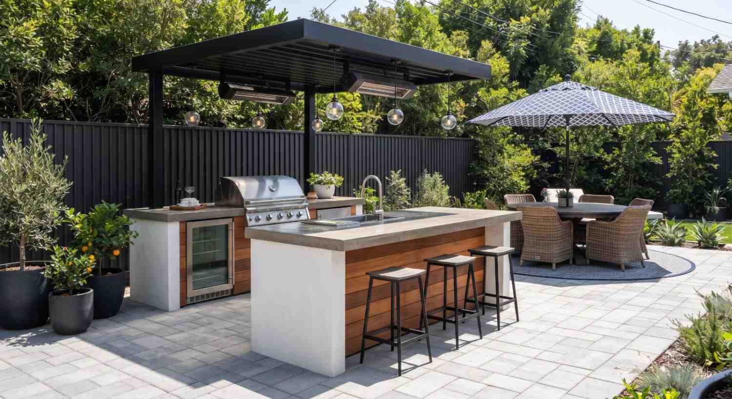 Covered outdoor kitchen with a built-in gas grill, bar seating and a dining area on a landscaped Meridian patio