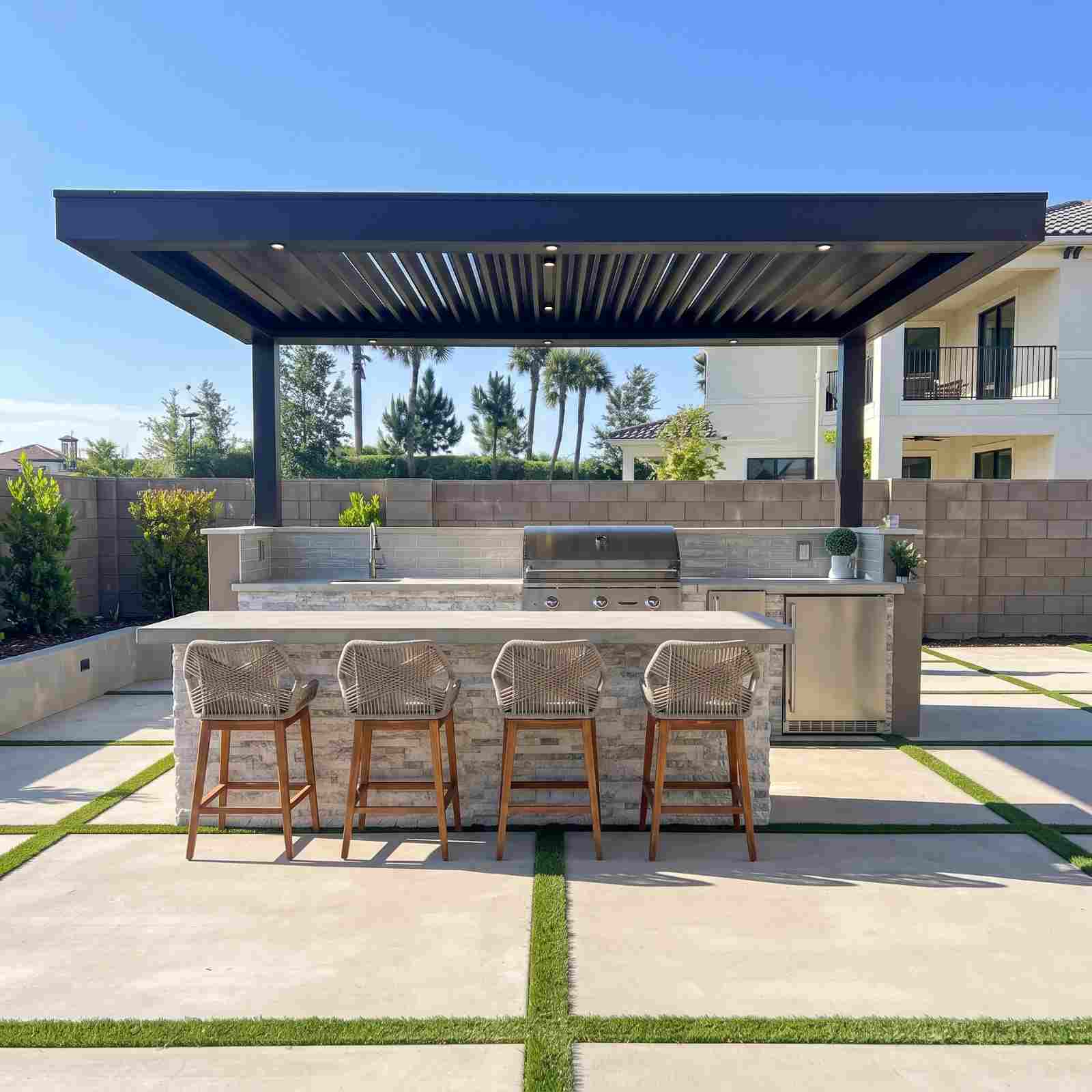 Straight run outdoor kitchen island with a built-in grill and counter either side
