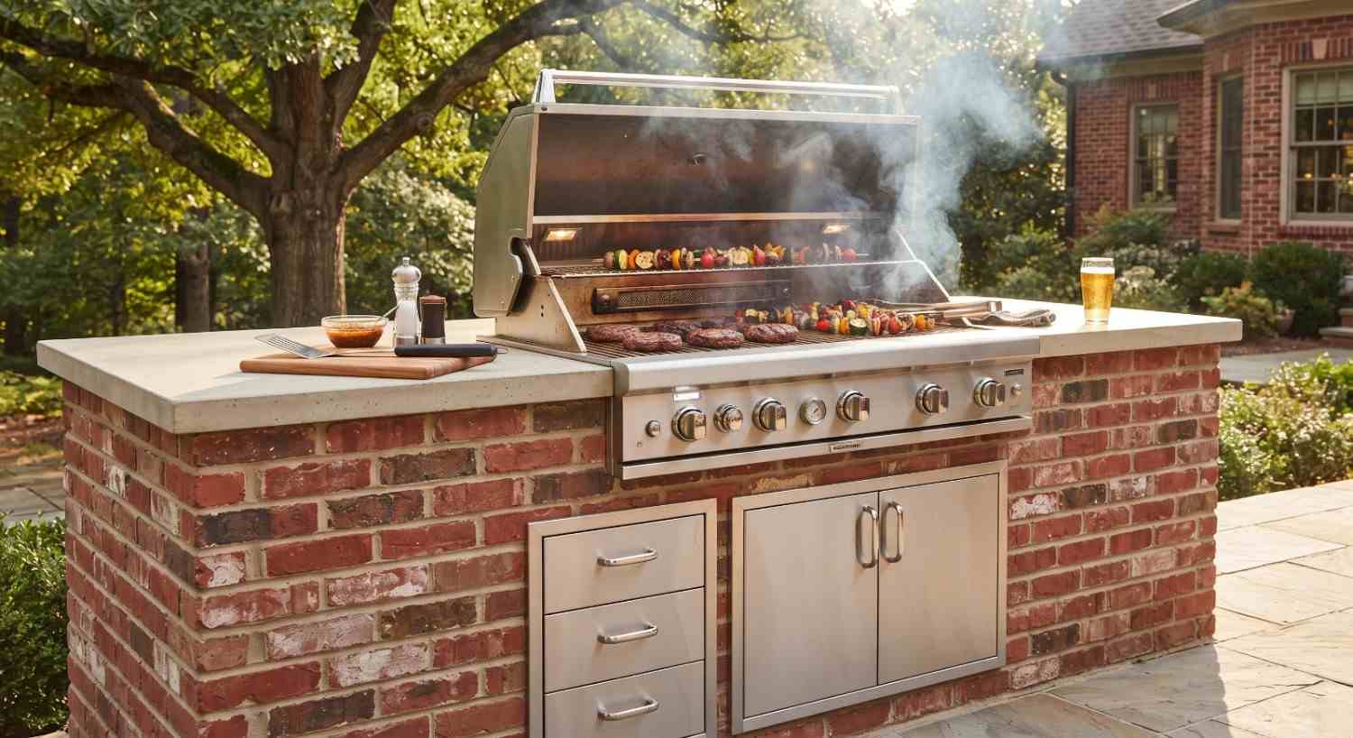 Built-in cooking appliance set into a stone outdoor kitchen run