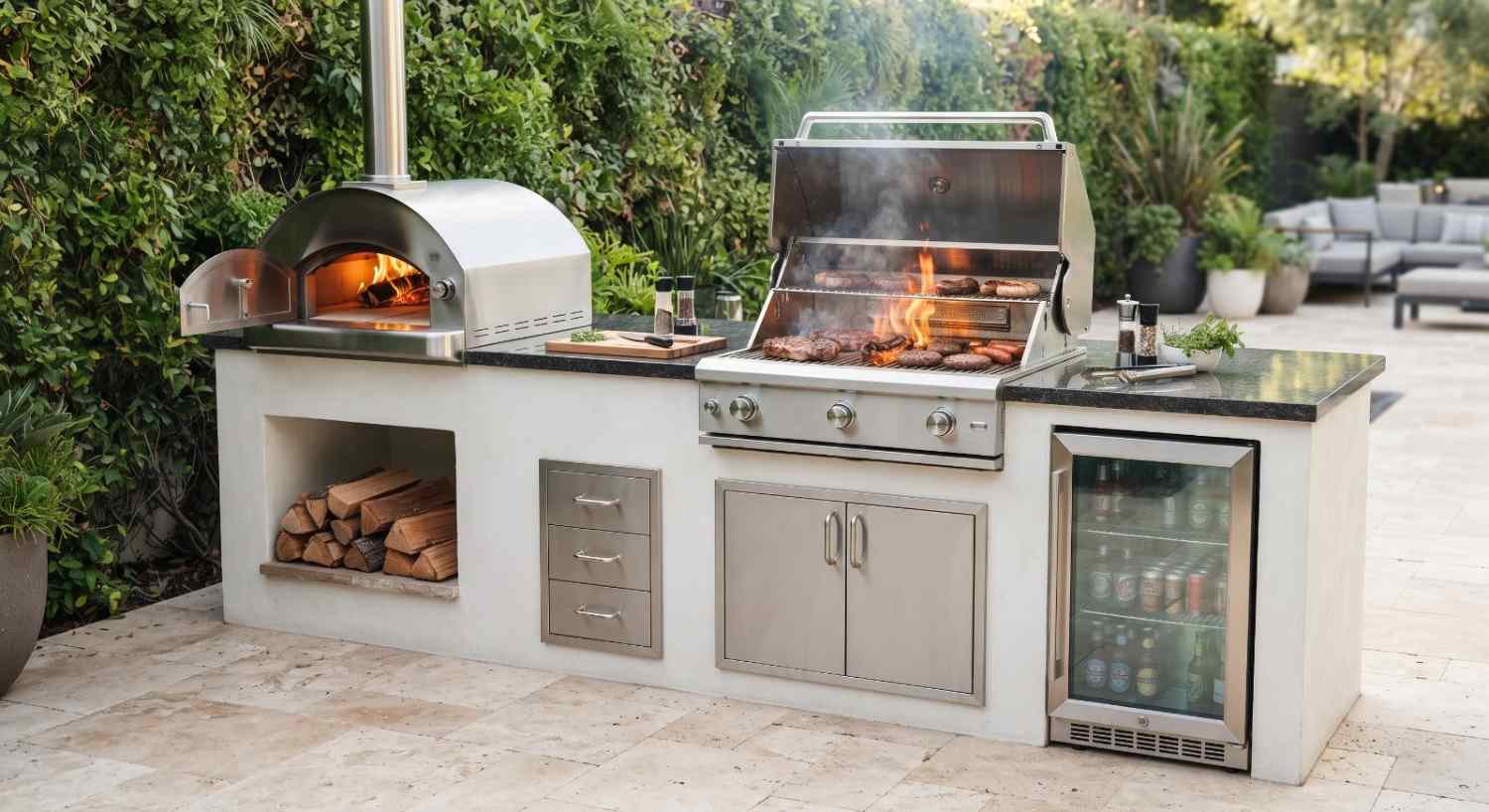 Built-in BBQ island finished in stone with stainless doors and drawers