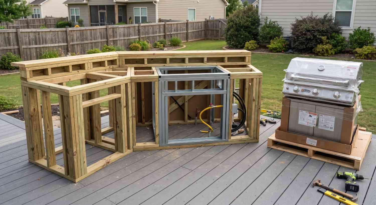 Custom built-in cooking appliances set into an outdoor kitchen counter