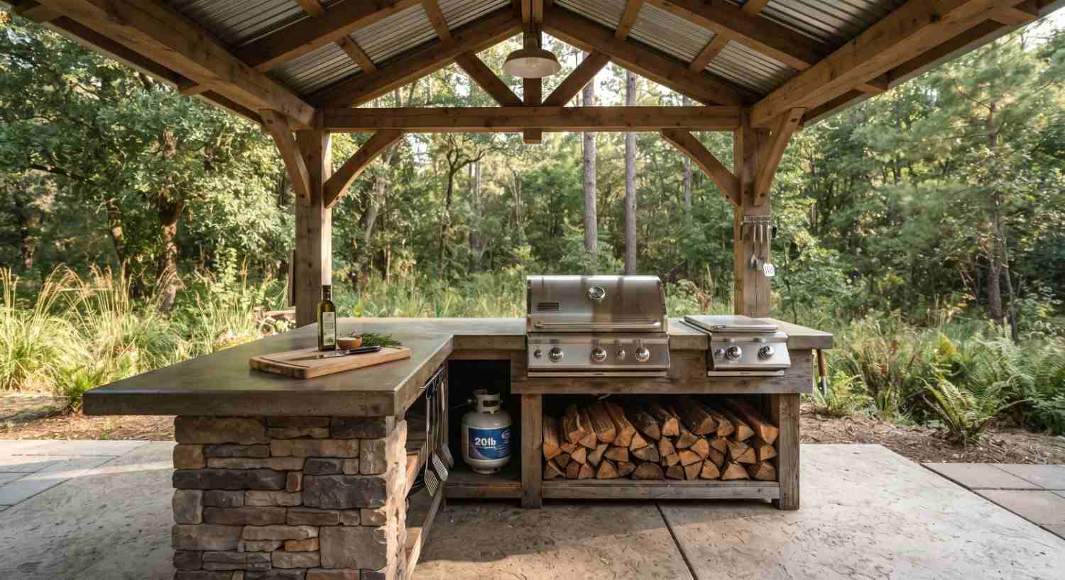Finished modular outdoor kitchen run with stone cladding and a built-in grill
