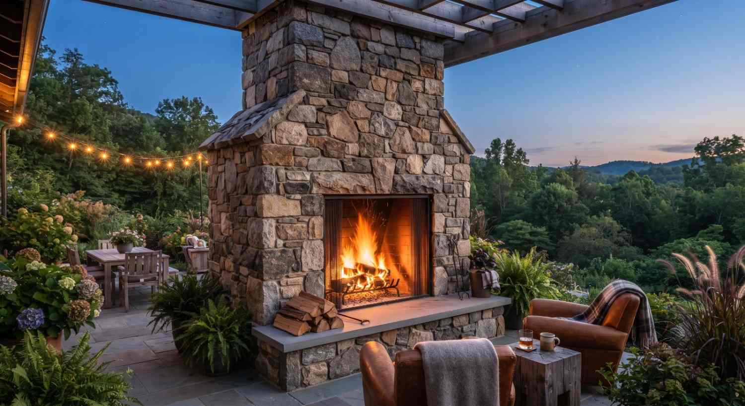 Built stone outdoor fireplace with a raised hearth and chimney