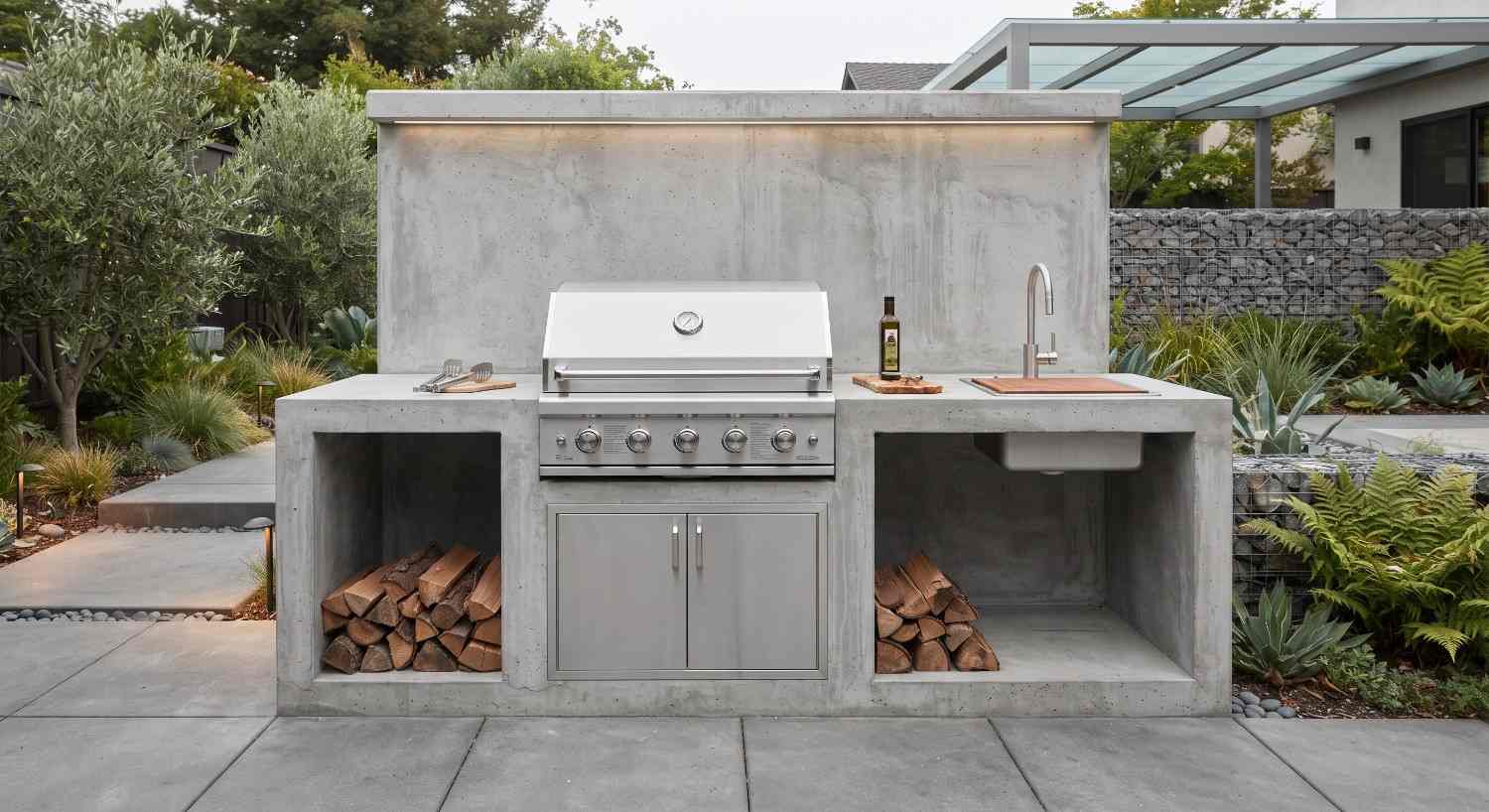 Concrete base and footing under an outdoor kitchen run