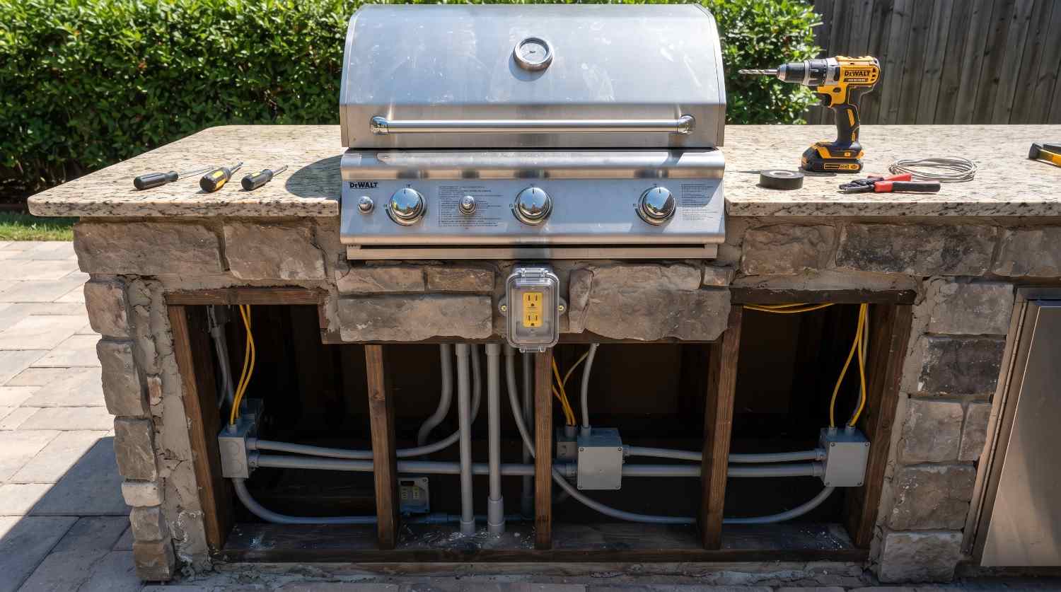 Water and power lines run inside an open outdoor kitchen frame before it is closed up