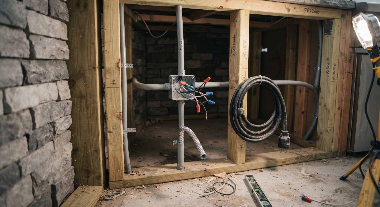Electrical conduit and cabling roughed into a block outdoor kitchen wall before cladding