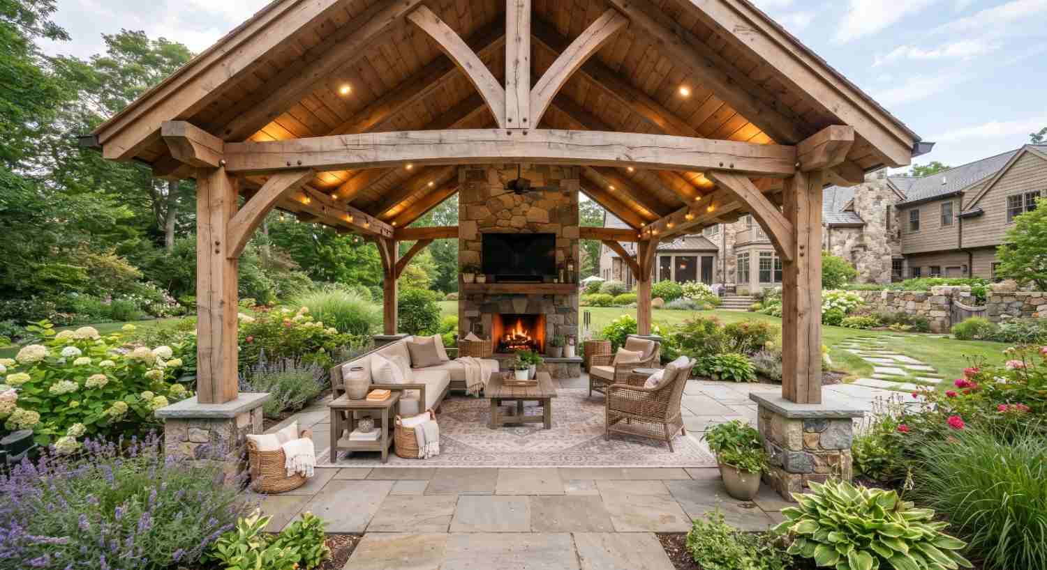Covered patio structure over an outdoor living and cooking area