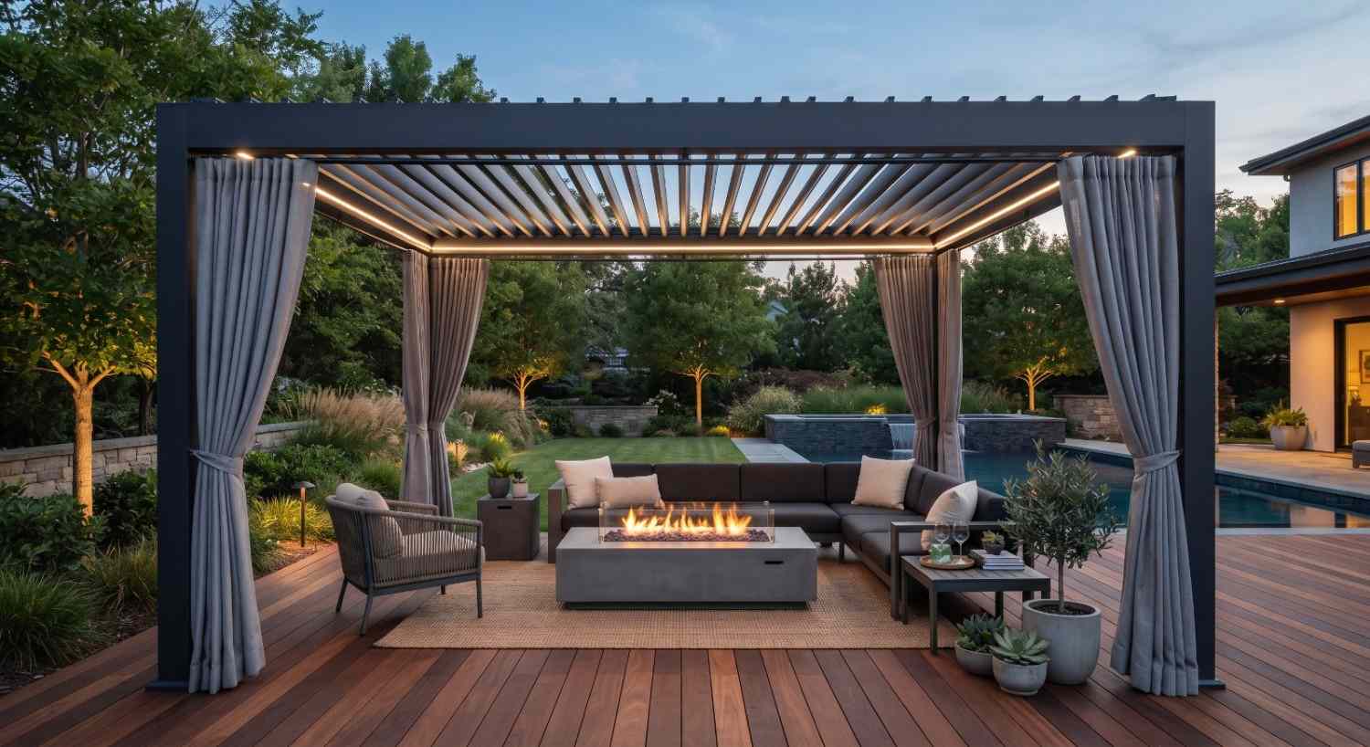 Covered outdoor seating area beside a patio kitchen