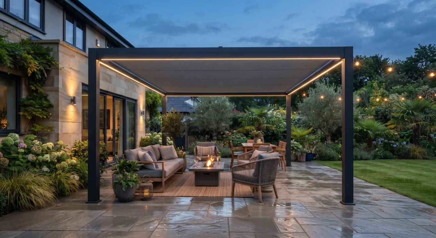 Open slatted pergola frame over a patio, posts set on footings