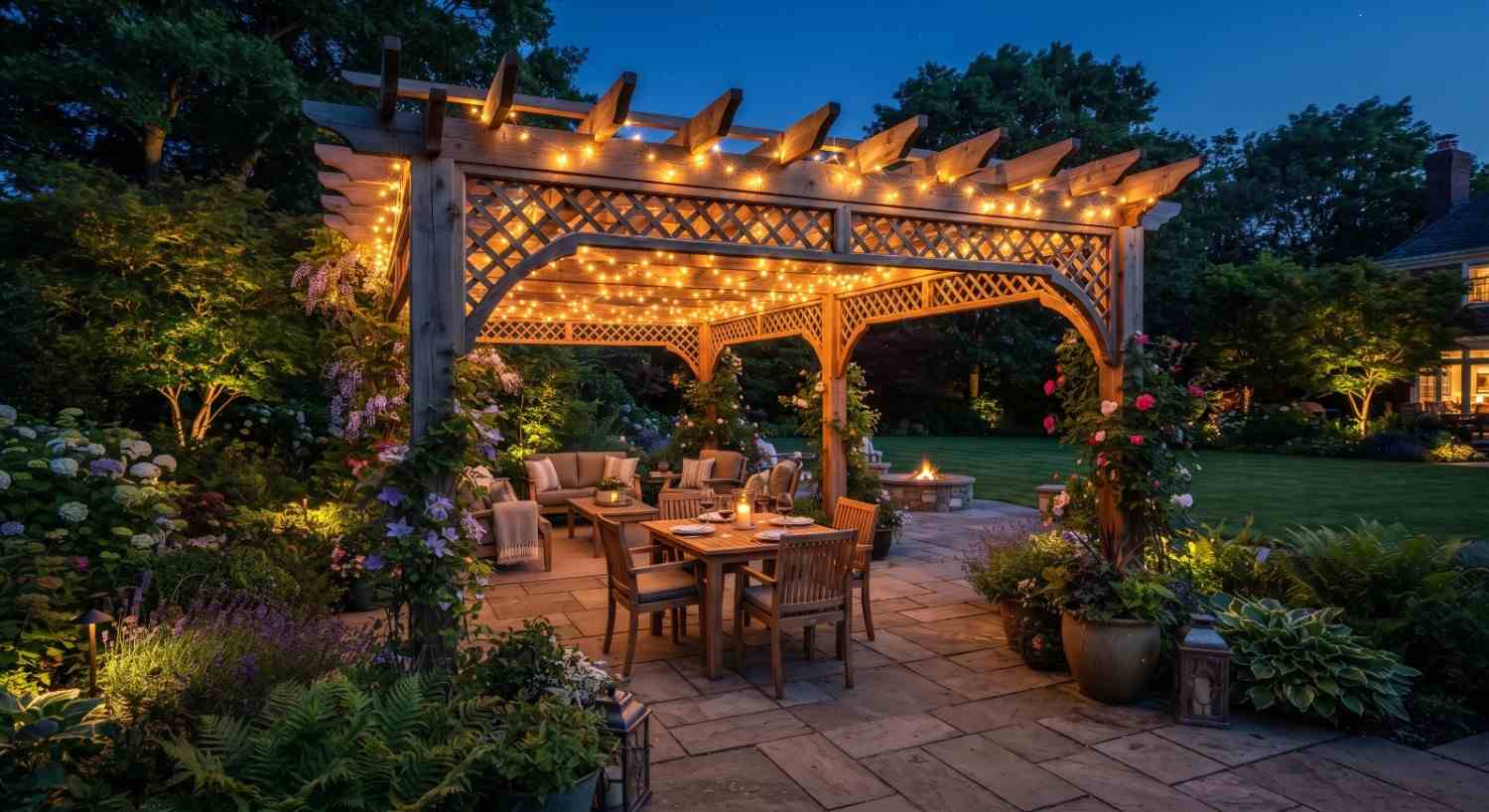 Posts and beams of a patio cover set over an outdoor living space